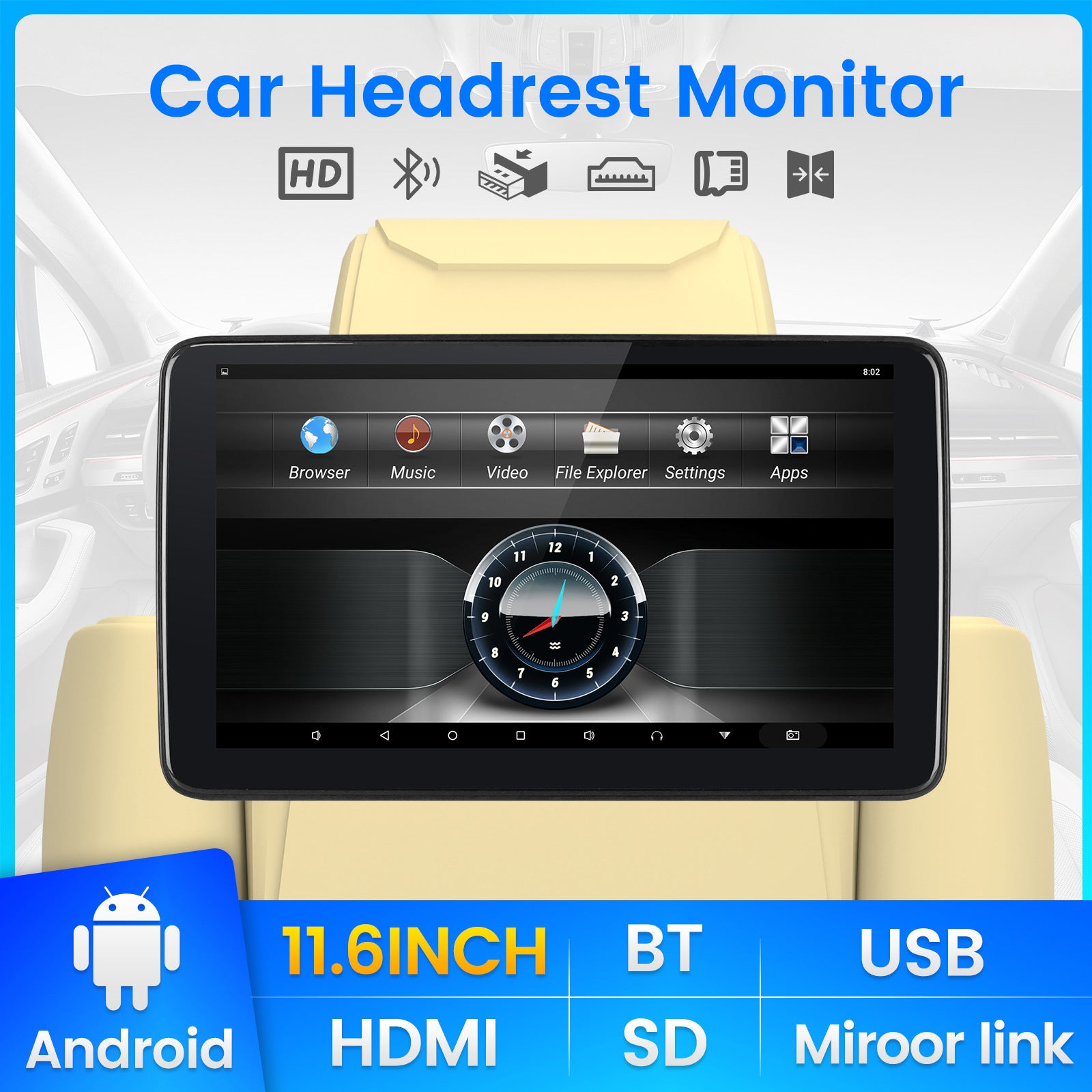 Suitable for headrest display car modification rear headrest monitor android video output screen