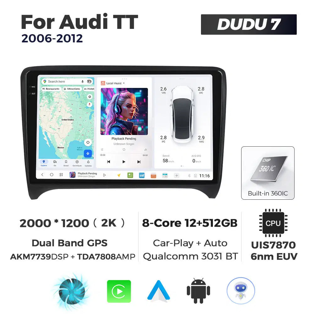 DUDUAUTO Suitable for Audi TT 06-12 Android Large Screen Central Control Car GPS Navigation Bluetooth Carplay